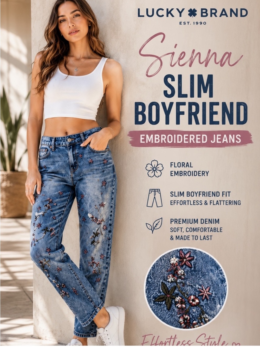 Lucky Brand Sienna Slim Boyfriend Floral Embroidered Jeans